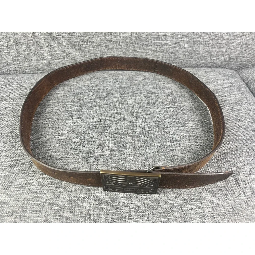 Buffalo David Bitton Mens Brown Leather Belt Brass Logo Plate Buckle 09-1707